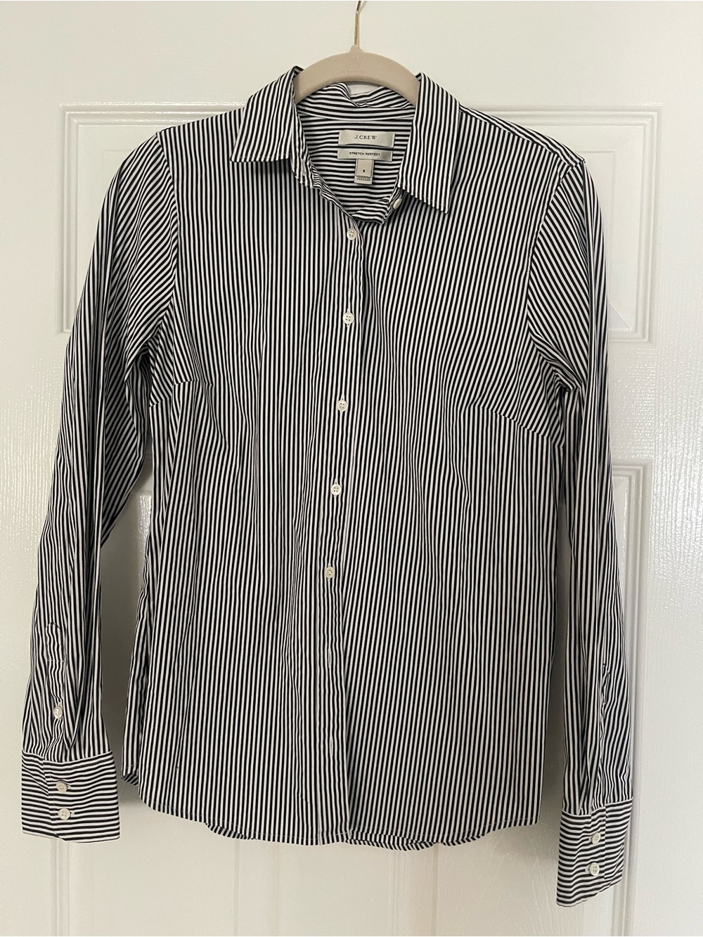 J. Crew Perfect Stretch Women’s Black & White Striped Button-Down Shirt, small.